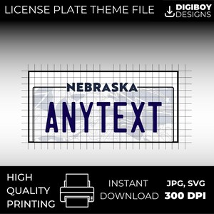 May include: A printable license plate design template featuring the state of Nebraska with the text "ANYTEXT" in a dark blue color. The design is on a white background with a grid overlay.