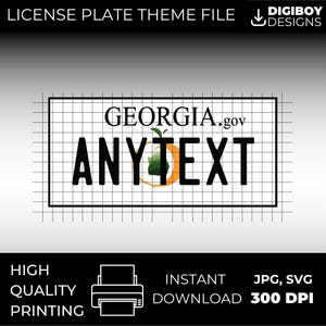 May include: A printable license plate design template featuring a peach and the text "GEORGIA.gov" and "ANYTEXT".