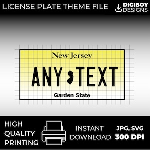 May include: A yellow and black printable license plate template for New Jersey. The template features the state name, "New Jersey", the state motto, "Garden State", and the outline of the state of New Jersey. The text "ANY TEXT" is included as a placeholder for personalized text.