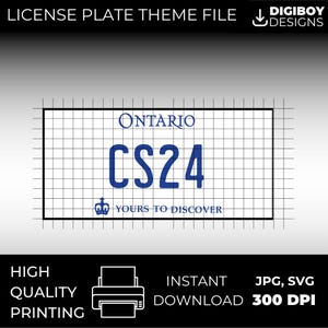 May include: A white license plate template with a blue grid pattern. The text "ONTARIO" is at the top, followed by the letters "CS24" in a larger font. The bottom of the plate reads "YOURS TO DISCOVER".