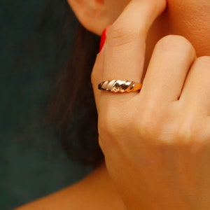 Croissant Dome Ring: 925 Sterling Silver Twist, 14K Gold