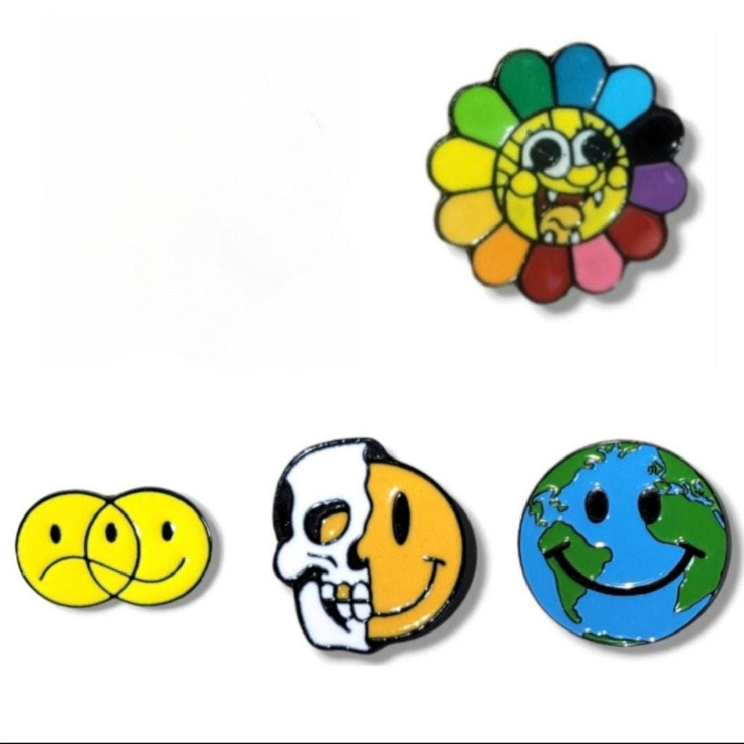 Happy sad face rainbow smiley flower skull earth planet world cute pins