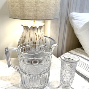 Vintage Pitcher w/ice Lip & Square Foot base Tumbler glass by Imperial Glass, Cape Cod pattern, bedside nightstand water, bedroom home decor