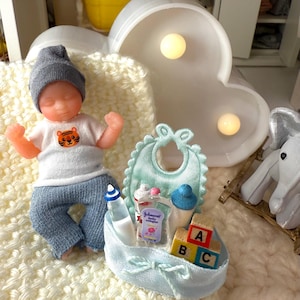 Dollhouse miniature baby gift basket | zuru my mini baby | baby shower decor | tier tray | nursery decor | book nook | blue baby gift | boy