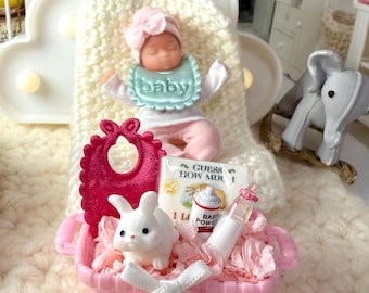 Dollhouse Miniatures | baby gift basket | zuru my mini baby | popular right now | gift | nursery decor | tier tray | book nook decor | girl