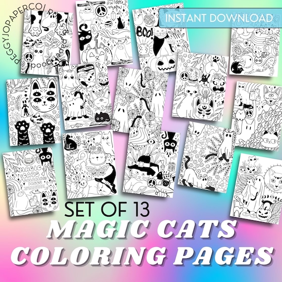 Magic Cats Coloring Pages: Esoteric Summerween Designs (Digital Download)