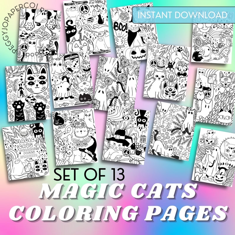 Puede incluir: Un conjunto de 13 p&aacute;ginas para colorear en blanco y negro con gatos m&aacute;gicos con varios detalles caprichosos. Las p&aacute;ginas se titulan "Magic Cats Coloring Pages".