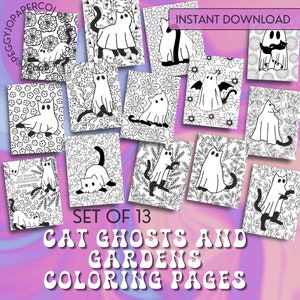 Könnte beinhalten: Set mit 13 Schwarzweiß-Malvorlagen mit Katzengeistern in Gärten. Der Text "Set of 13 Cat Ghosts and Gardens Coloring Pages" befindet sich am unteren Rand des Bildes.