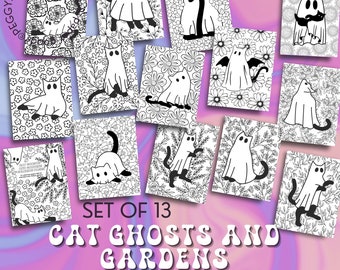 Dibujos para colorear de gatos fantasmas, arte de jardín de verano (páginas imprimibles)