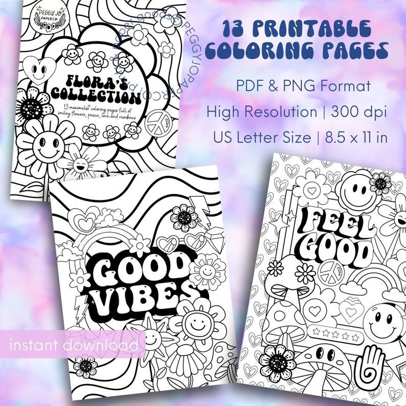 May include: A set of 13 printable coloring pages in black and white featuring a groovy, retro 70s theme. The pages include images of flowers, rainbows, peace signs, smiley faces, mushrooms, and the text "Good Vibes" and "Feel Good".