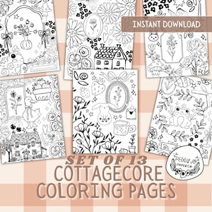 Cottagecore Coloring Pages – 13 Printable Whimsical Forest Sheets – Cozy Nature Aesthetic – Instant Download – Frogs, Mushrooms, and Flowers