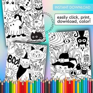 Puede incluir: Cuatro p&aacute;ginas para colorear imprimibles en blanco y negro con lindos gatos con temas de Halloween. Las p&aacute;ginas incluyen im&aacute;genes de gatos con sombreros, calabazas, fantasmas y otros elementos espeluznantes.