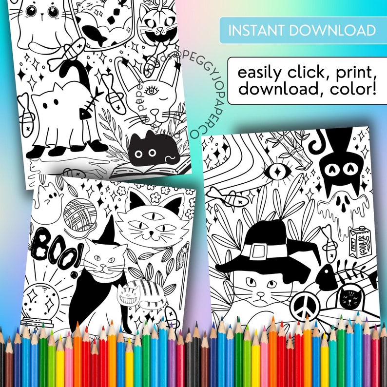 Puede incluir: Cuatro p&aacute;ginas para colorear imprimibles en blanco y negro con lindos gatos con temas de Halloween. Las p&aacute;ginas incluyen im&aacute;genes de gatos con sombreros, calabazas, fantasmas y otros elementos espeluznantes.
