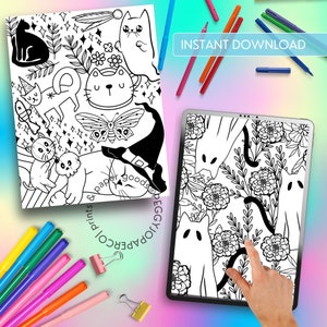 Puede incluir: Dos p&aacute;ginas para colorear imprimibles en blanco y negro con lindos gatos con temas florales y de brujas. Las p&aacute;ginas est&aacute;n en una tableta y una hoja de papel. El texto "INSTANT DOWNLOAD" es visible en la parte superior de la imagen.