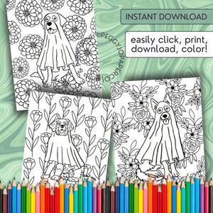 K&ouml;nnte beinhalten: Schwarz-Wei&szlig;-Malvorlagen mit Hunden, die als Geister verkleidet sind, umgeben von floralen Mustern. Der Text "INSTANT DOWNLOAD" und "easily click, print, download, color!" sind sichtbar. Eine Sammlung von Farbstiften befindet sich unten.