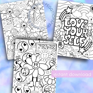 May include: Three black and white coloring pages with a 70s theme. The first page features a flower with a peace sign and a yin yang symbol. The second page features a flower with a peace sign and the word "peace" in a banner. The third page features a flower with the words "love your self" in a banner.