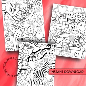 May include: Three black and white colouring pages featuring a variety of hearts, stars, rainbows, and other cute designs. The pages include the text "XOXO", "Love Song", and "XXX".