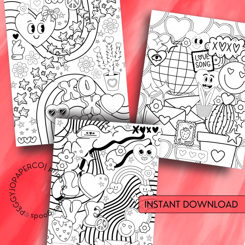 May include: Three black and white colouring pages featuring a variety of hearts, stars, rainbows, and other cute designs. The pages include the text "XOXO", "Love Song", and "XXX".