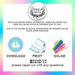 Puede incluir: Un gr&aacute;fico de descarga digital con una nube azul y una flecha apuntando hacia abajo, una impresora y un conjunto de marcadores de colores. El texto dice "Descargar", "Imprimir", "Color", "&iexcl;Disfruta!" y "Por favor, contacta con nosotros si tienes alguna pregunta".