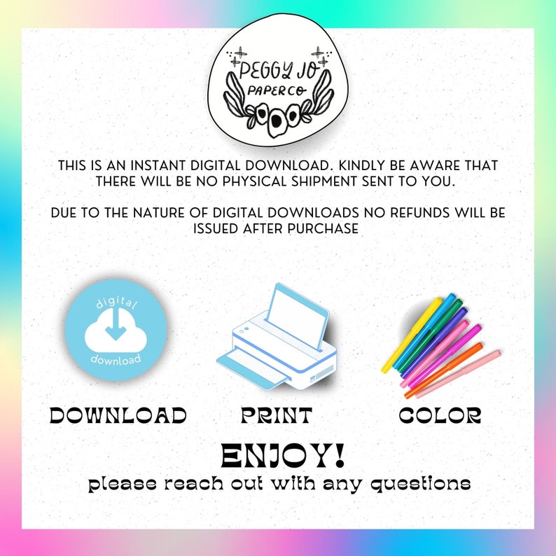 Puede incluir: Un gr&aacute;fico de descarga digital con una nube azul y una flecha apuntando hacia abajo, una impresora y un conjunto de marcadores de colores. El texto dice "Descargar", "Imprimir", "Color", "&iexcl;Disfruta!" y "Por favor, contacta con nosotros si tienes alguna pregunta".