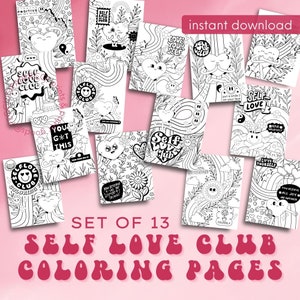 Self Love Club Coloring Pages, Love Yourself, Hippy Retro, Self-Care Adult Coloring Book, Printable Coloring Page, Print at Home, Maximalist
