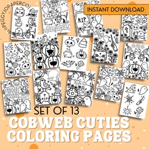 Könnte beinhalten: Set mit 13 schwarz-weißen, druckbaren Halloween-Malvorlagen mit niedlichen Geistern, Kürbissen, Katzen, Fledermäusen, Spinnen und anderen gruseligen Figuren. Der Text "COBWEB CUTIES COLORING PAGES" befindet sich am unteren Rand des Bildes.
