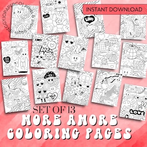May include: Set of 13 black and white colouring pages with a retro theme. The pages feature hearts, flowers, peace signs, and other love-themed designs. The text "More Amore Colouring Pages" is at the bottom of the image.