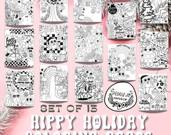 Hippy Holiday Christmas Coloring Pages: Retro Festive Designs (PDF & JPEG)