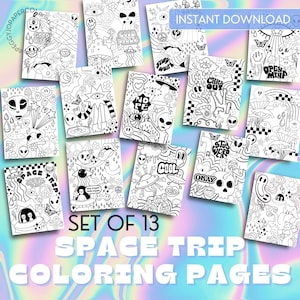 May include: Set of 13 black and white coloring pages featuring a space trip theme. The pages include aliens, mushrooms, peace signs, and other psychedelic imagery. The text "Space Trip Coloring Pages" is at the bottom of the image.