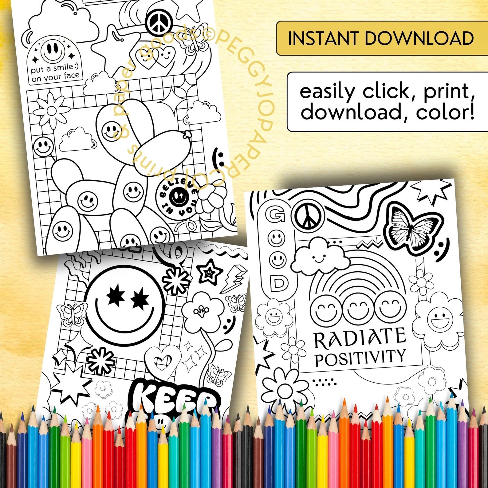 Be Happy Coloring Pages, Retro-chic, Smiley Aesthetic, Preppy Adult Coloring Sheets, Printable ...