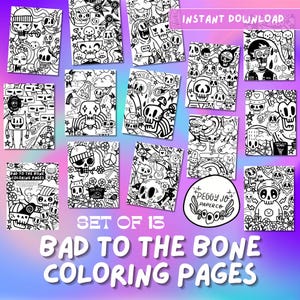 Könnte beinhalten: Set mit 13 Schwarzweiß-Malvorlagen mit Schädel-Illustrationen in verschiedenen Designs. Die Seiten sind mit "Bad to the Bone Coloring Pages" betitelt und enthalten den Text "Set of 13".