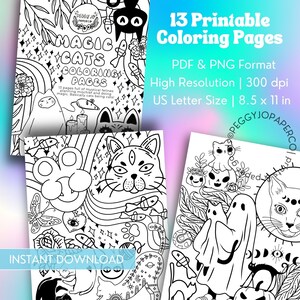 Puede incluir: 13 p&aacute;ginas para colorear imprimibles con gatos m&aacute;gicos. Las p&aacute;ginas son en blanco y negro y presentan una variedad de gatos, incluyendo un gato con tres ojos, un gato fantasma y un gato con una corona. Las p&aacute;ginas miden 8,5 pulgadas por 11 pulgadas y est&aacute;n disponibles en formato PDF y PNG.