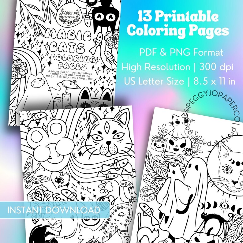 Puede incluir: 13 p&aacute;ginas para colorear imprimibles con gatos m&aacute;gicos. Las p&aacute;ginas son en blanco y negro y presentan una variedad de gatos, incluyendo un gato con tres ojos, un gato fantasma y un gato con una corona. Las p&aacute;ginas miden 8,5 pulgadas por 11 pulgadas y est&aacute;n disponibles en formato PDF y PNG.