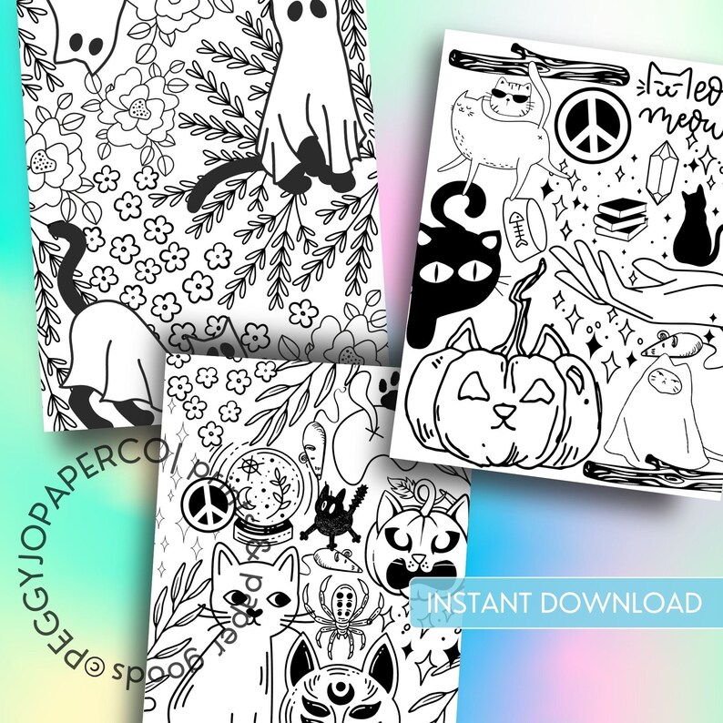 Puede incluir: Un conjunto de tres p&aacute;ginas para colorear imprimibles en blanco y negro con lindos gatos, calabazas, fantasmas y otras im&aacute;genes espeluznantes de Halloween. Las p&aacute;ginas son perfectas para adultos y ni&ntilde;os que disfrutan coloreando.