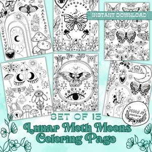 Lunar Moth Coloring Pages: Witchy Moon & Mushroom Designs (Digital Download)