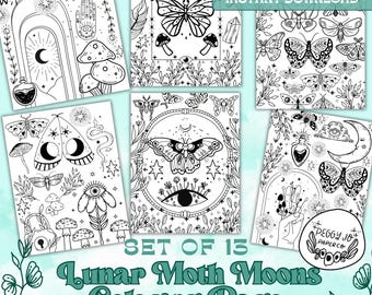 Lunar Moth Coloring Pages: Witchy Moon & Mushroom Designs (Digital Download)