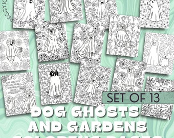 Dibujos para colorear de perros fantasmas: Diseños de jardines veraniegos (Descarga digital)