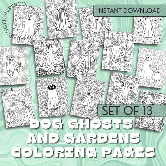 Dog Ghosts Coloring Pages: Summerween Garden Designs (Digital Download)