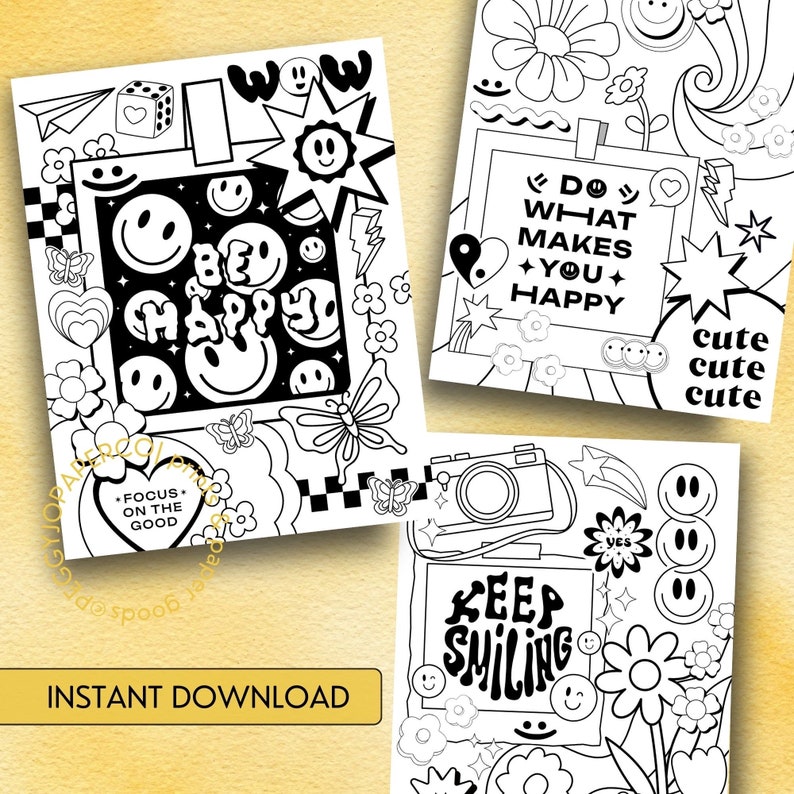 Be Happy Coloring Pages, Retro-chic, Smiley Aesthetic, Preppy Adult Coloring Sheets, Printable ...
