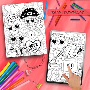 May include: Two black and white colouring pages featuring cute cartoon characters with hearts, stars, and rainbows. The first page features a disco ball with sunglasses and the text "Love You". The second page features a cloud with sunglasses and a television with a heart.