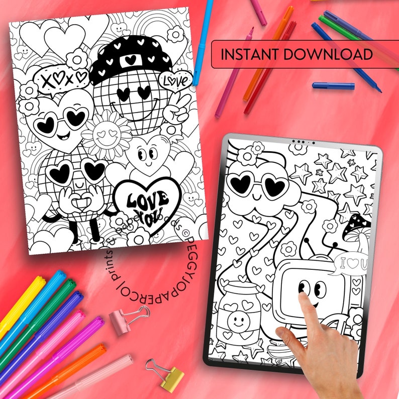 May include: Two black and white colouring pages featuring cute cartoon characters with hearts, stars, and rainbows. The first page features a disco ball with sunglasses and the text "Love You". The second page features a cloud with sunglasses and a television with a heart.