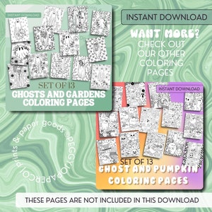 K&ouml;nnte beinhalten: Zwei S&auml;tze druckbarer Malvorlagen werden angezeigt. Ein Satz zeigt 13 "Ghosts and Gardens"-Designs, und der andere Satz zeigt 13 "Ghost and Pumpkin"-Designs. Die Worte "Sofort-Download" stehen oben auf jedem Satz. Das Bild enth&auml;lt auch den Text "M&ouml;chten Sie mehr? Schauen Sie sich unsere anderen Malvorlagen an."