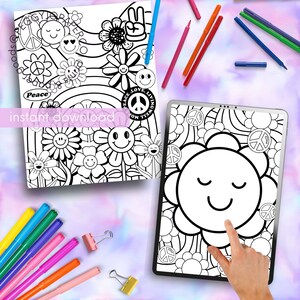 May include: A black and white digital coloring page featuring a large flower with a smiling face and peace signs. The page is surrounded by smaller flowers, peace signs, and swirls. The text "Peace, Love, Living Well Now" is visible in the upper right corner.