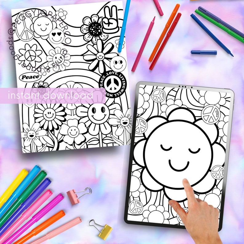 May include: A black and white digital coloring page featuring a large flower with a smiling face and peace signs. The page is surrounded by smaller flowers, peace signs, and swirls. The text "Peace, Love, Living Well Now" is visible in the upper right corner.