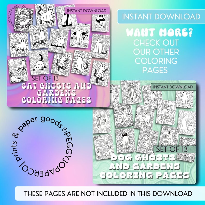 Puede incluir: Una descarga digital de 13 p&aacute;ginas para colorear imprimibles con gatos y jardines con fantasmas. El texto "Set of 13 Cat Ghosts and Gardens Coloring Pages" est&aacute; en una fuente retro. El texto "Instant Download" tambi&eacute;n est&aacute; incluido.