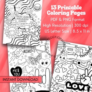 May include: A set of 13 printable colouring pages featuring cute and whimsical designs with hearts, stars, flowers, and peace signs. The pages are in black and white and are perfect for kids and adults who love to colour.
