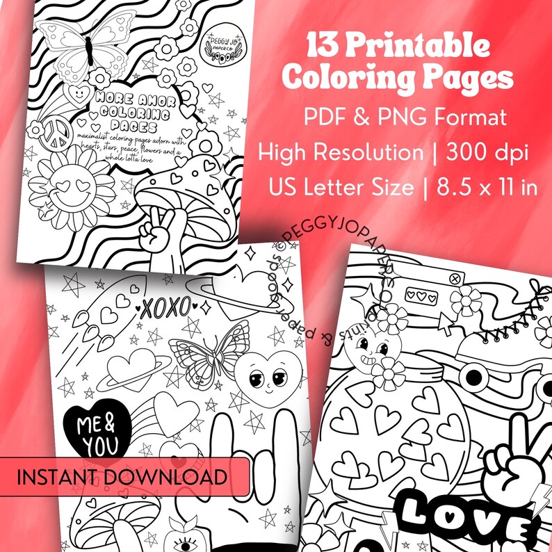 May include: A set of 13 printable colouring pages featuring cute and whimsical designs with hearts, stars, flowers, and peace signs. The pages are in black and white and are perfect for kids and adults who love to colour.
