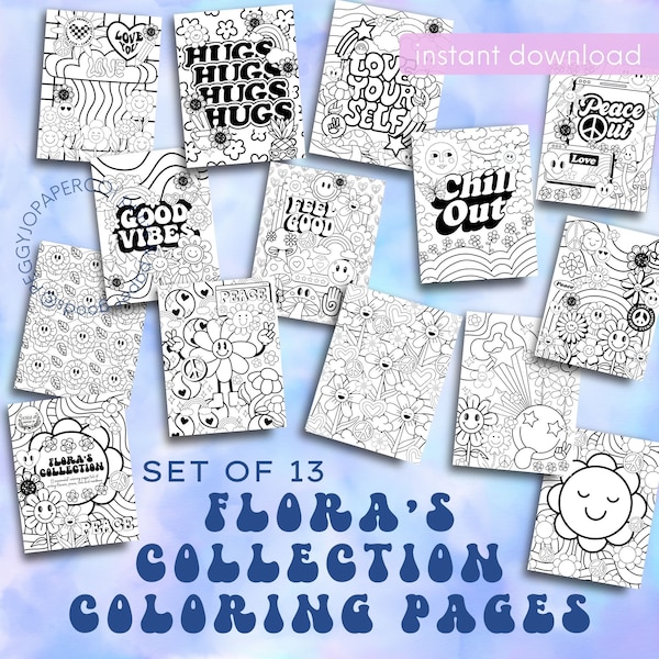 Flower Coloring Pages, Retro-chic, Hippy Retro, Hippie Adult Coloring Book, Printable Coloring Page, Print at Home, Peace Sign, Maximalist
