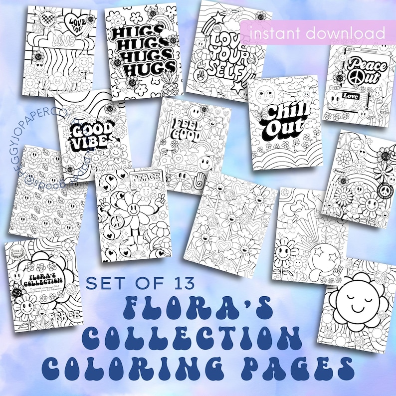 May include: Set of 13 black and white coloring pages with a groovy 70s theme. The pages feature flowers, peace signs, and phrases like "Good Vibes" and "Chill Out".