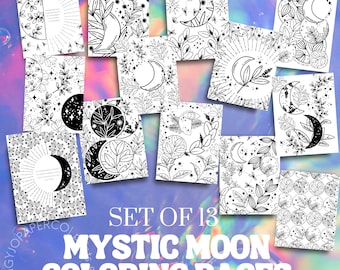 May include: Set of 13 black and white printable coloring pages featuring mystical moon designs with leaves, stars, and other celestial elements.  "Set of 13 Mystic Moon Coloring Pages" text is at the bottom of the image.